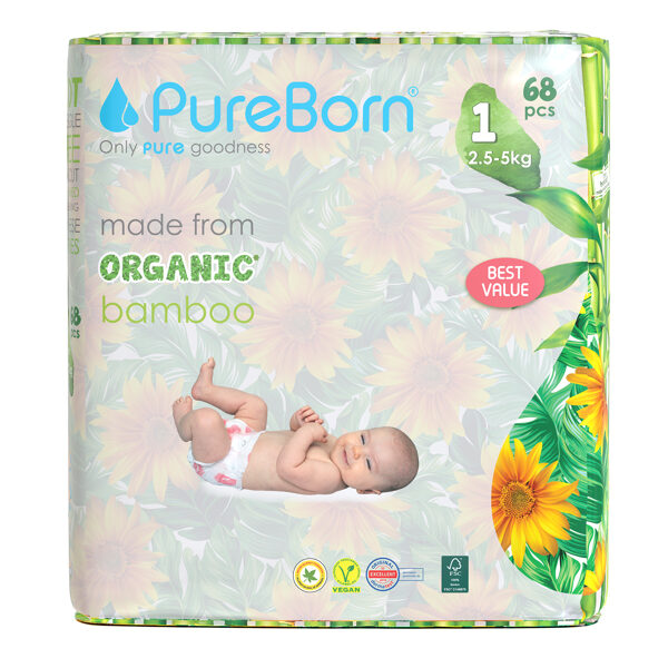 PureBorn nappies size NB: Newborn Up to 4.5KG. 68 units