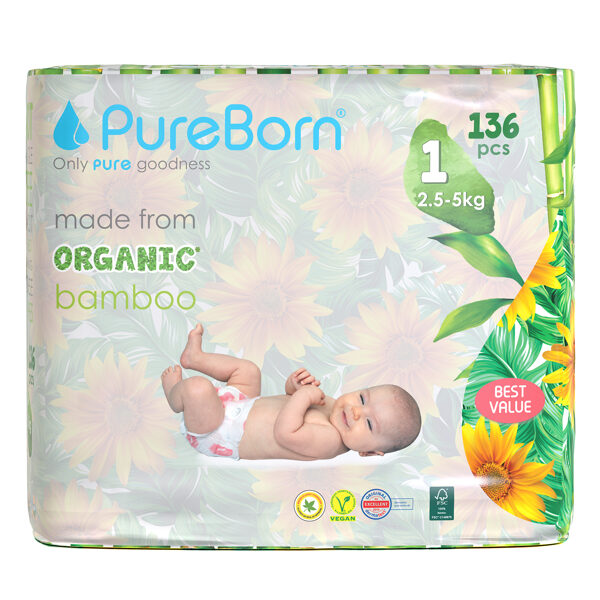 PureBorn nappies size NB: Newborn Up to 4.5KG. 136 units