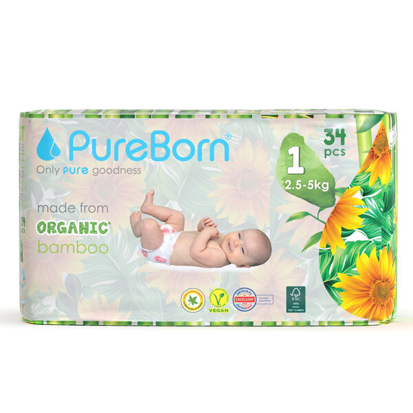 PureBorn nappies size NB: Newborn Single Pack Up to 4.5KG. 34 units