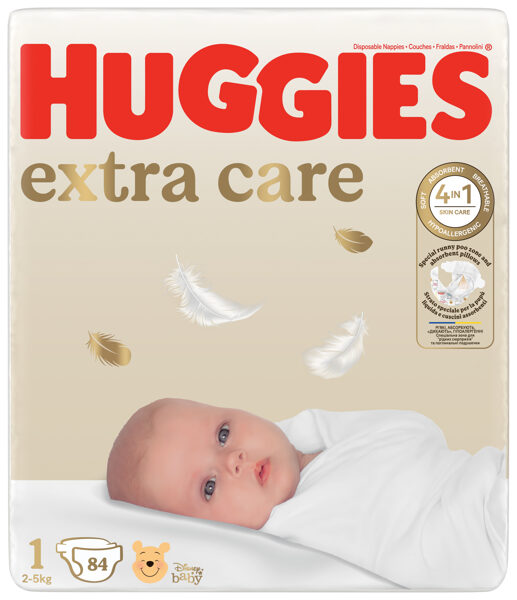 Huggies Extra Care autiņbiksītes ar klipšiem 1. izm (2-5kg) 84gb 