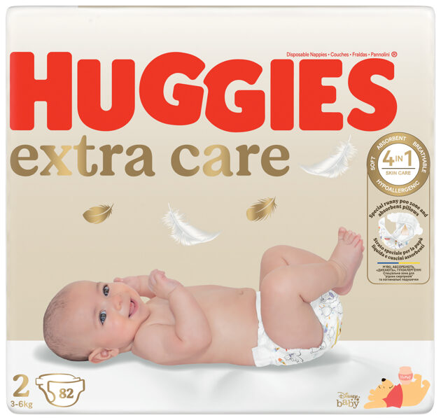 Huggies Extra Care autiņbiksītes ar klipšiem 2. izm (3-6kg) 82gb