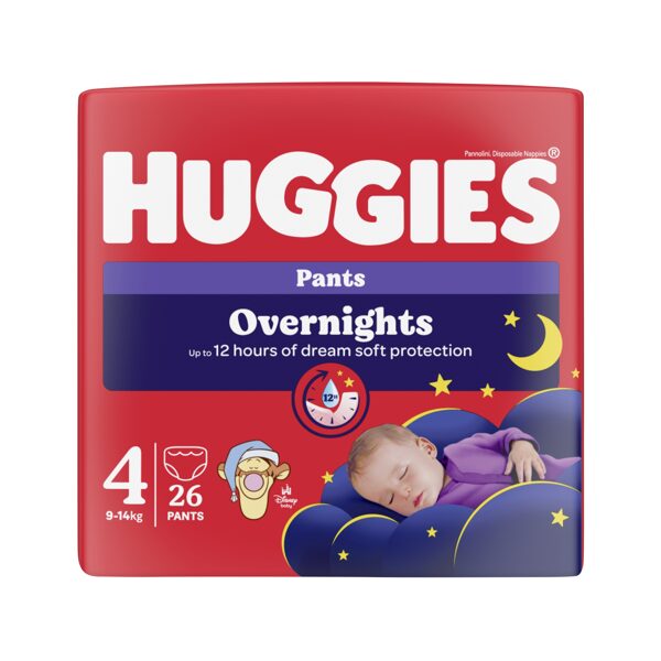 Huggies OVERNIGHT uzvelkamās nakts autiņbiksītes 4. izm (9-14kg) 26gb