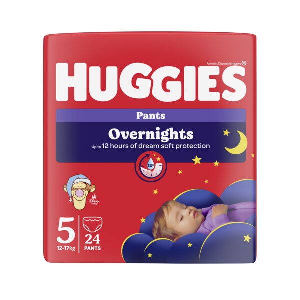 Huggies OVERNIGHT uzvelkamās nakts autiņbiksītes 5. izm (12-17kg) 24gb