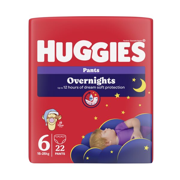 Huggies OVERNIGHT uzvelkamās nakts autiņbiksītes 6. izm (15-25kg) 22gb