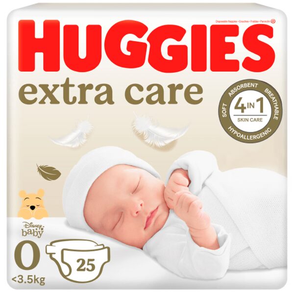 Huggies Extra Care autiņbiksītes ar klipšiem 0. izm (<3.5kg) 25gb 