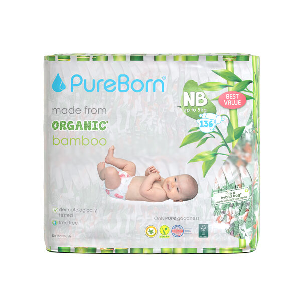 PureBorn nappies size NB: Newborn Up to 4.5KG. 136 units
