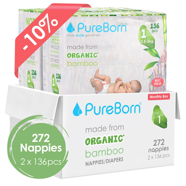 PureBorn autiņbiksītes ar klipšiem 1. izmērs Bundle Pack 0-5kg 272gb